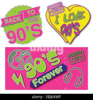 Bunte 90er Jahre Logo Kollektion – Retro Pop Art Emblem Vektor Illustration (1990–1999 Stil). Stock Vektor