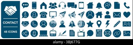 Symbolgruppe Kontakt und Verbindungen. Sammlung von Symbolen für die Geschäftskommunikation, E-Mail, Telefon, Adresse, Kundenservice, rufen Sie an, Website. Vektorillustraten Stock Vektor