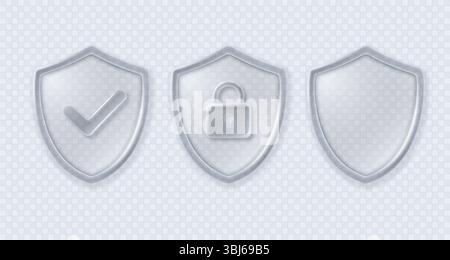 Satz von Abschirmungen mit Prüfzeichen und geschlossenem Vorhängeschloss in transparenter Glasausführung. Vektor-3D-Illustration. Stock Vektor