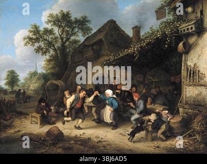 Bauern, die vor einem Gasthaus herumtollen und tanzen - Gemälde von Adriaen van Ostade Stockfoto