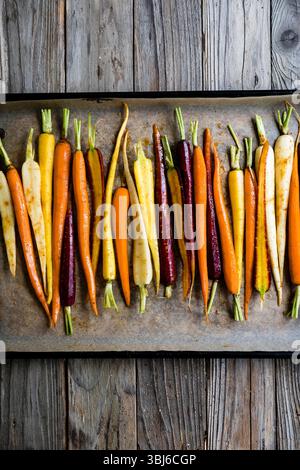 Eine Auswahl an bunten Karotten auf einem Backblech mit rustikalem Holzhintergrund. Stockfoto