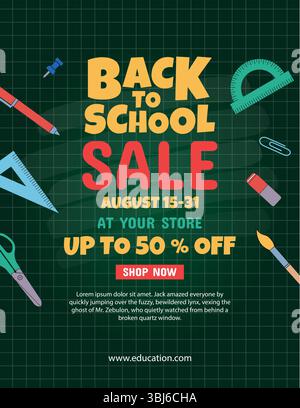 Werbebanner für Schulbedarf. Zurück zur Schule. Vektorabbildung. Dunkelgrünes Brett mit kariertem Hintergrund Stock Vektor