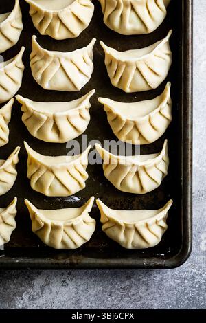 Ein Blick von oben auf ungekochte Teigtaschen, die ordentlich auf einem Backblech angeordnet sind. Stockfoto