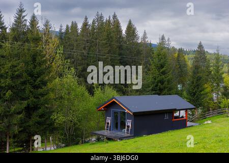 Das Bild zeigt eine gemütliche, moderne Hütte, umgeben von hoch aufragenden Bäumen und üppiger Vegetation, die die friedliche Harmonie zwischen Architektur und nat unterstreicht Stockfoto