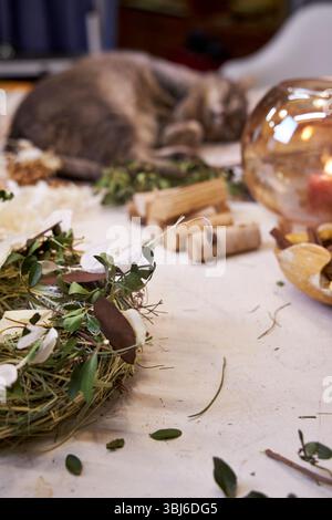 Gemütliche Szene mit einer grauen Katze, die friedlich auf einem Holztisch neben einer brennenden handgemachten Aromatherapie-Kerze und getrockneten Blumenkranzmaterialien schläft Stockfoto