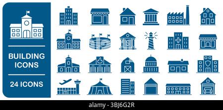 Symbolgruppe wird erstellt. Symbol für Stadtarchitektur. Mit Circus, Flughafen, Haus, Fabrik, Bank, Schule, Feuerwehr, Geschäft, Krankenhaus Ikonen sammeln Stock Vektor