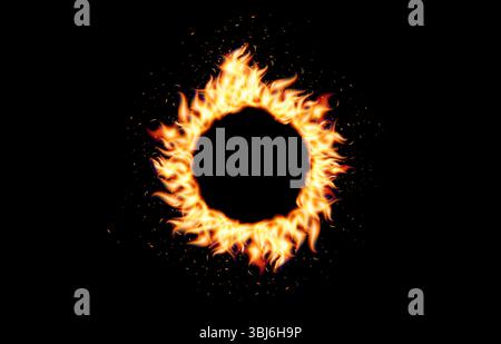 Brennender Feuerring mit glühenden Flammen, als Sonnenfinsternis, Zirkusstütze, magisches Portal oder Energiesymbol. Nützlich für Wetterwarnungen, Sonnenfackeln, Shows Stock Vektor