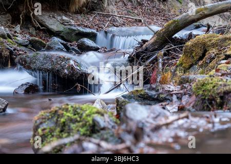 Waldbach fließt über moosbedeckte Felsen mit kleinem Wasserfall, der natürliche Kaskaden im Wald in llo, Frankreich, erzeugt Stockfoto