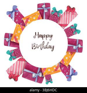Aquarellrahmen mit Geschenkboxen. Handgezeichnete Illustrationen von Geschenken isoliert auf weißem Hintergrund. Stockfoto