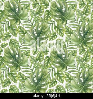 Tropisches Klettern hinterlässt ein nahtloses Muster in Aquarellen. Monstera, Philodendron, Areca Palme Laub Illustration für Blumenladen Design, Reise Stockfoto