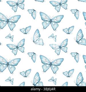 Zarte fliegende blaue Schmetterlinge Aquarell nahtloses Muster isolierter Hintergrund. Abstrakte Insekten im Flug. Fantasy verziert für die Hochzeit Stockfoto