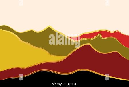 Minimal Mountain Landscape Art mit Aquarellpinsel und goldener Strichgrafik Stock Vektor