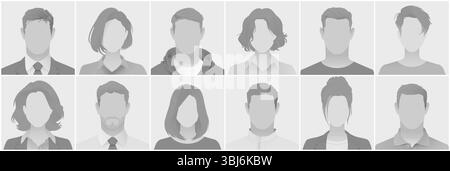 Set aus grauen Silhouettenavataren ohne Foto-Platzhalter, der verschiedene anonyme Profile in Geschäfts- und Freizeitkleidung darstellt, die für Benutzerinterfac geeignet sind Stock Vektor