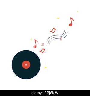 Schwarze Vinyl-Platte mit Red Center, die fließende rote Noten und gelbe Sterne spielt Stock Vektor