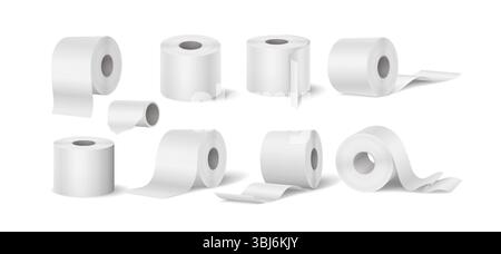 Set realistischer Toilettenpapierrollen in verschiedenen Positionen. Weiß, sauber und detailliert. Perfekt für Modelle und Werbung im Badezimmer. Nein Stock Vektor