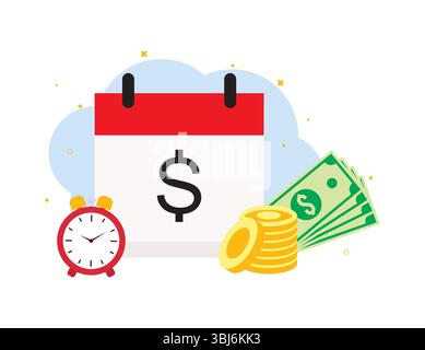 Rot-weißer Kalender mit schwarzem Dollarzeichen, rotem Wecker, grünen Scheinen und Goldmünzen für Finanzen Stock Vektor