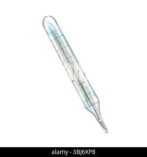 Medizinisches Glasthermometer mit Quecksilberskala zur Temperaturmessung des menschlichen Körpers. Aquarellabbildung isoliert auf weißem Hintergrund Stockfoto