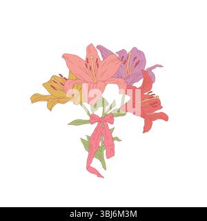Handgezeichnete Strichkunst mit wunderschönem romantischem Blumenstrauß mit bunten Lilienblüten und niedlichem Schleifenknoten Stock Vektor