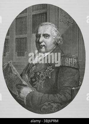 Louis XVIII (1755-1824). König von Frankreich und Navarra (1814–1824). Hochformat. Gravur. "Histoire du Consulat et de l'Empire" (Geschichte des Konsulats und des französischen Reiches unter Napoleon), von A. Thiers. Band IV. Veröffentlicht in Barcelona, 1879. Stockfoto