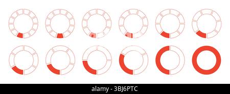 Kreise unterteilt in Diagramme 1, 2, 3, 10, 7, 8, 9, 10, 11, 12 gleiche Teile. Diagrammdiagramm, Pizzaform, Diagrammsymbole. Coaching einer leeren flachen Vorlage. Einstellen Stock Vektor