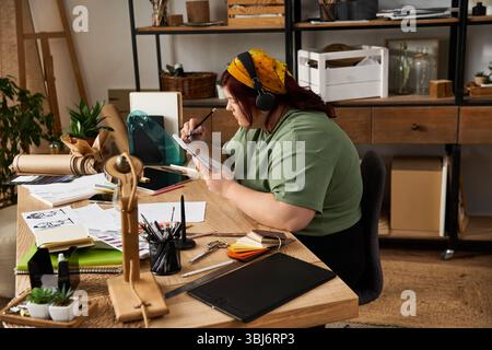 Kreative Frau konzentriert sich intensiv auf ihre Kunstwerke in einem stilvollen Kunststudio voller Inspiration. Stockfoto