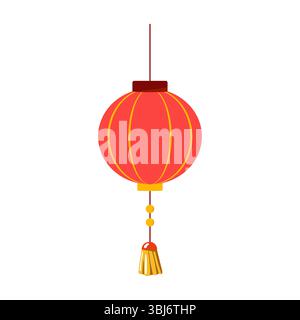 Traditionelle Rote Chinesische Laterne. Die Laterne ist rund mit einer glatten Oberfläche mit eleganten gelben vertikalen Streifen und goldenen Zierdetails. Stock Vektor