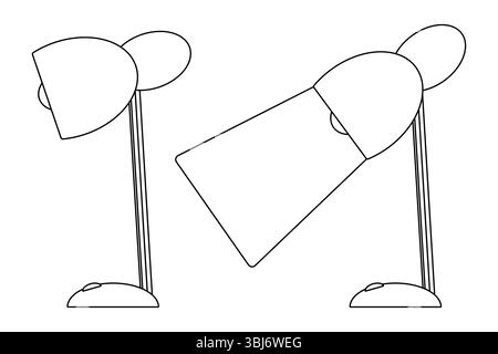 Ausmalseite für Kinder mit Umrisszeichnung einer Tischleuchte in zwei Positionen, eine beleuchtet und eine aus. Für die Unterhaltung von Kindern, zurück in die Schule oder in die Ausbildung Stock Vektor