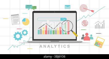 Data Analytics and Business Growth Concept – Grafik und Vergrößerungsglas auf Notebook-Illustration Stock Vektor