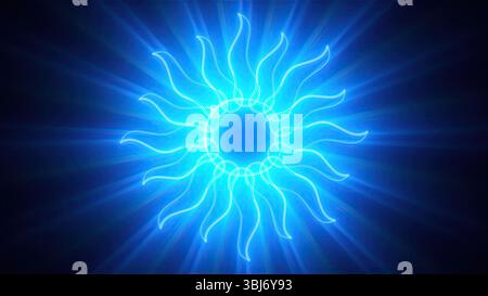 Mystisches Neon-Sonnenzeichen. Computergeneriertes 3D-Rendering Stockfoto