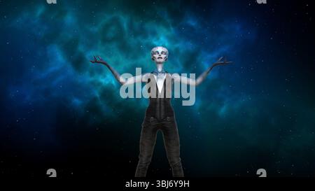 3D-Illustration eines weiblichen Außerirdischen mit einem großen Glatzenschädel, der nach oben blickt, mit meditativen Armen und einem blauen Nebel im Hintergrund. Stockfoto