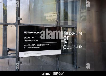 Das Museum of Pop Culture, MOPOP, befindet sich im Stadtteil Seattle Center und bietet zeitgenössische Ausstellungen zur Popkultur. Stockfoto