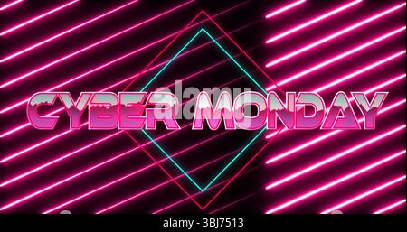 Mit 3D-CYBER MONDAY-Schild, das in der Cyberpunk-Szene schweben, türkisfarbenen Diamanten und neonrosa Linien Stockfoto