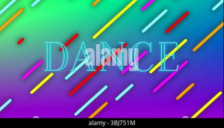 Leuchtende Neontexte „TANZEN“ mit leuchtendem Farbverlauf und mehrfarbigen Diagonalbalken Stockfoto