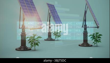 Verfolgung von drei Solarpaneelen, die sich auf motorisierten Halterungen im Studio drehen, mit Anlagen und Daten-Overlay Stockfoto