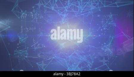 Strahlende zentrale leuchtende Kugel, die Netzwerkknoten und -Linien in digitaler Anzeige mit Gleichungen projiziert Stockfoto