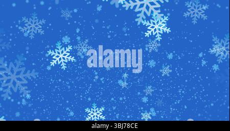 Schwebende weiße und hellblaue Schneeflocken, die über lebendig blauem Hintergrund schweben, mit Wintermotiven Stockfoto