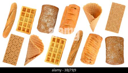Sammlung frisch gebackener Brotprodukte isoliert auf weißem Hintergrund. Stockfoto