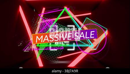 Mit Neon-gerahmtem VERKAUFSTEXT auf digitalem Banner mit geometrischen Neon-Formen Stockfoto