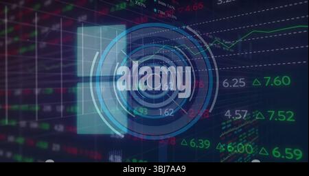 Anzeigen von kreisförmigen Daten-HUD-Overlay auf dem Finanzbildschirm mit Symbolen für Aktienticker und Liniendiagramm Stockfoto