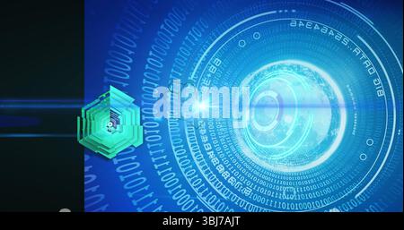 Konzentrische HUD-Schnittstelle, die binären Code in virtueller Umgebung ausstrahlt, mit 3D-Sechseck, Kopierraum Stockfoto