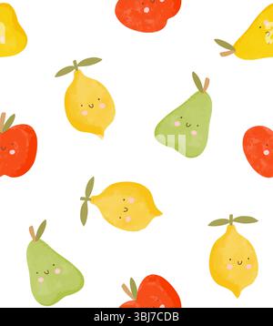 Niedliches nahtloses Vektor-Muster mit Hand gezeichneter glücklicher Zitrone, Birne und Apfel auf Einem weißen Hintergrund. Schöner endloser Frucht-Druck. Wallpaper mit Kawaii Frucht. Stock Vektor