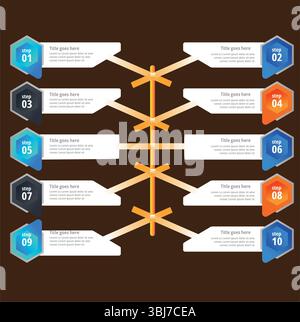 Infografik-Vorlage Für Zehn Schritte, Orange Blaue Hexagons, Weiße Felder Stock Vektor