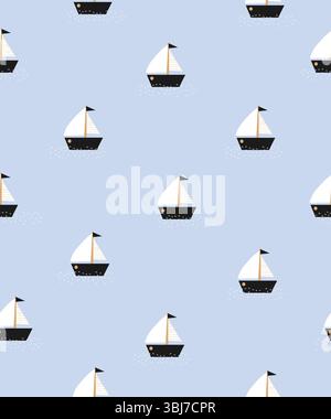 Niedlicher Handgezeichneter Druck Mit Kleinen Segelbooten Auf Dem Meer. Kindliches nahtloses Vektormuster mit Regatta-Booten auf einem welligen Wasser. Meereshintergrund. Stock Vektor