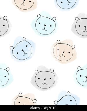 Niedliches Nahtloses Vektormuster Mit Bären. Lustige Hand gezeichnete Bär Spielzeug Köpfe und Pastelblau und Grau Aquarellflecken auf weißem Hintergrund. Stock Vektor