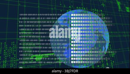 Rotierender Globus in Datenumgebung, mit weißen quadratischen Blöcken, Binärcode und grünem alphanumerischem Raster Stockfoto