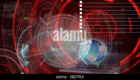 Holographische Erdkugel, die im Kontrollzentrum auf dem Gitter schwimmt, mit Laptop-Tastatur und HUD-Absätzen Stockfoto