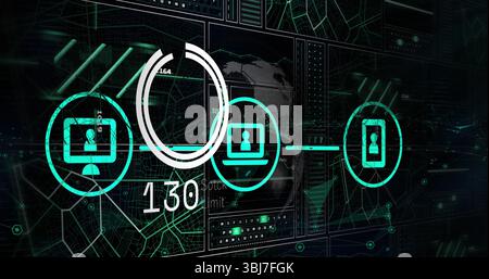 Anzeigen von Desktop-, Laptop- und Smartphone-Symbolen zur Synchronisierung von Daten auf der Benutzeroberfläche, mit kreisförmiger Fortschrittsleiste Stockfoto