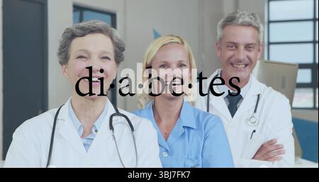 Zwei Ärzte und eine Krankenschwester sprechen über Diabetes im Büro, mit Stethoskopen, Labormänteln, Peelings Stockfoto