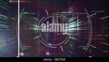 Anzeige des zentralen Rasterscans in der Schnittstelle mit Datenströmen, Codeblöcken und Rasterüberlagerungen Stockfoto