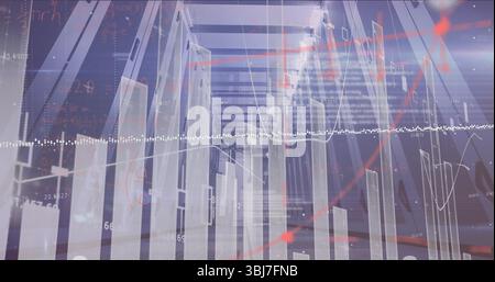 Rendering von durchsichtigen vertikalen Balken, die sich im Korridor zurückziehen, mit Wellenform-Overlay und Trendpfeilen Stockfoto